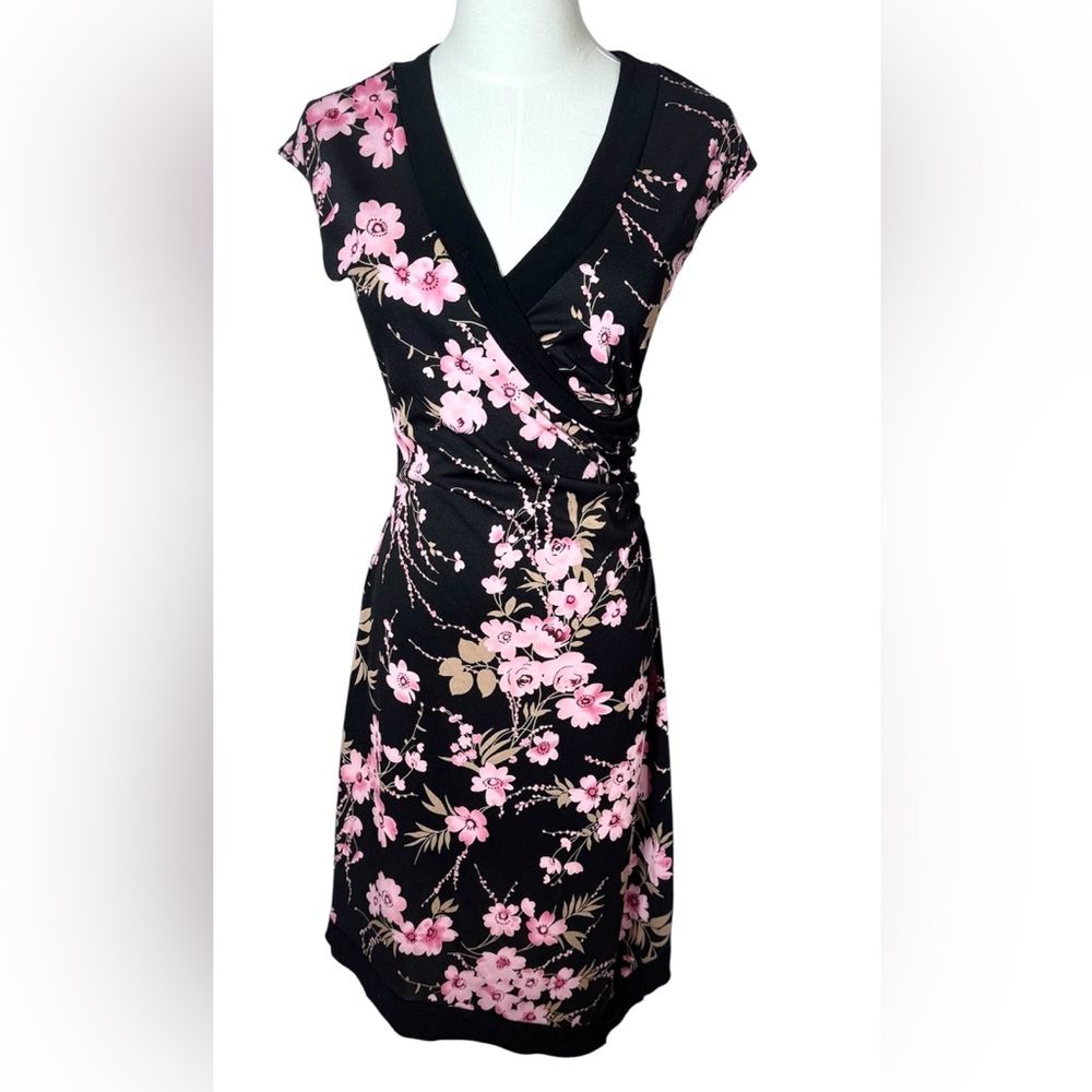 Vintage La Belle Floral Cherry Blossom Black and Pink Wrap Dress
